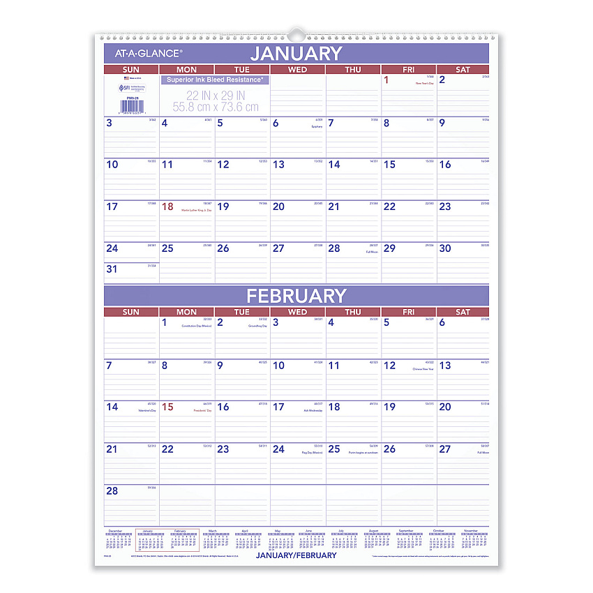AT-A-GLANCE Two-Month Wall Calendar, 22 x 29, White/Blue/Red Sheets, 12-Month (Jan to Dec): 2026 (PM928)