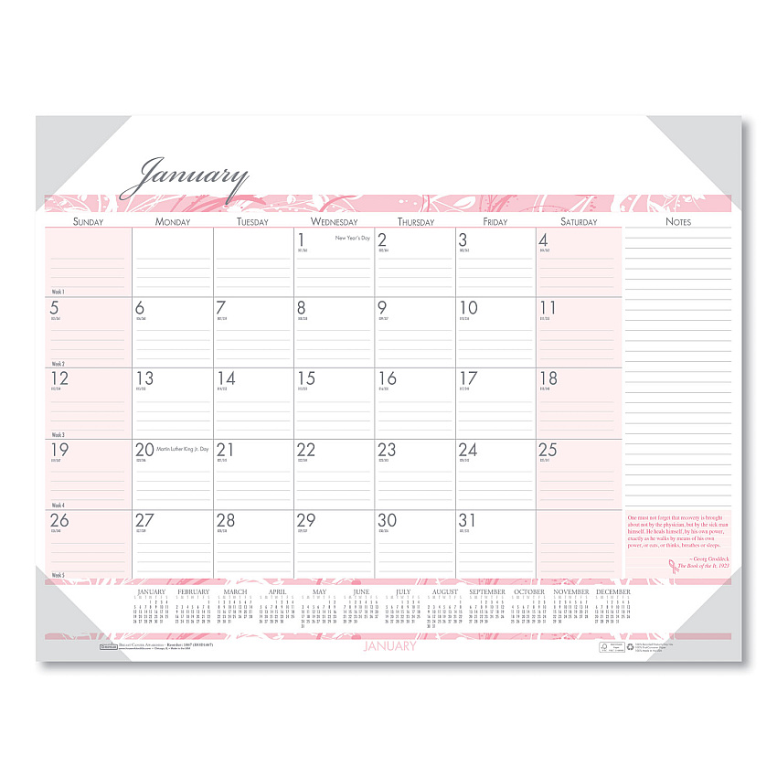 House of Doolittle Recycled Monthly Desk Pad Calendar, Breast Cancer Awareness Artwork, 18.5 x 13, Black Binding/Corners,12-Month(Jan-Dec): 2026 (1466)