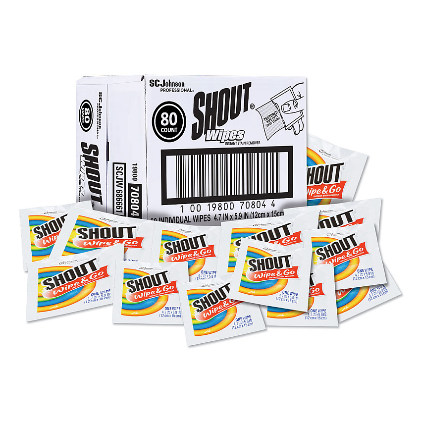 Shout Wipe and Go Instant Stain Remover, 4.7 x 5.9, Unscented, White, 80 Packets/Carton (686661)