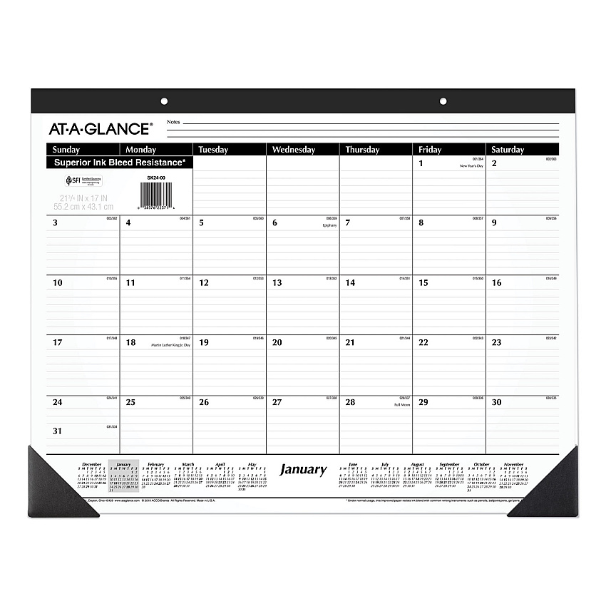At-A-Glance Monthly Desk Pad Calendar Standard - Julian Dates - Monthly - 1 Year - January 2026 to December 2026 - 1 Month Single Page Layout - 21 3/4" x 17" Sheet Size - White Sheet - 2.87" x 2.37" Block - Headband - Desk Pad - Black, White - Pa (SK2400)