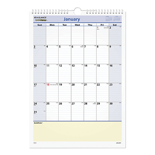 AT-A-GLANCE QuickNotes Wall Calendar, 12 x 17, White/Blue/Yellow Sheets, 12-Month (Jan to Dec): 2026 (PM5228)