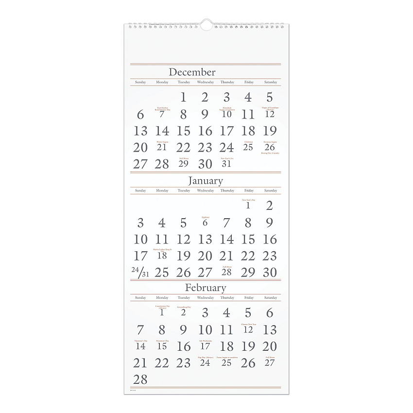 AT-A-GLANCE Three-Month Reference Wall Calendar, 12 x 27, White Sheets, 14-Month: Dec 2025 to Feb 2027 (SW11528)