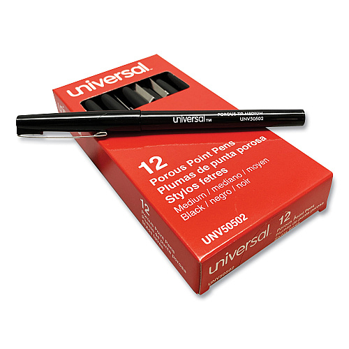 Universal Porous Point Pen, Stick, Medium 0.7 mm, Black Ink, Black Barrel, Dozen (UNV50502)