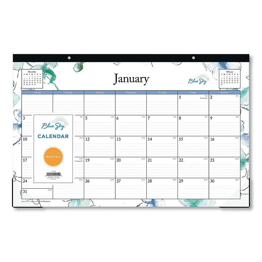 Blue Sky Lindley Desk Pad, Floral Artwork, 17 x 11, White/Blue/Green Sheets, Black Binding, Clear Corners, 12-Month (Jan to Dec): 2026 (100024)