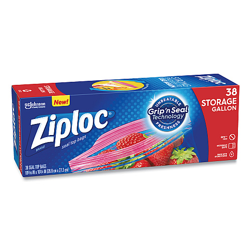 Ziploc Double Zipper Storage Bags, Triple System Seal, Gallon, 10.56" x 10.75", Clear, 38/Box (314470BX)