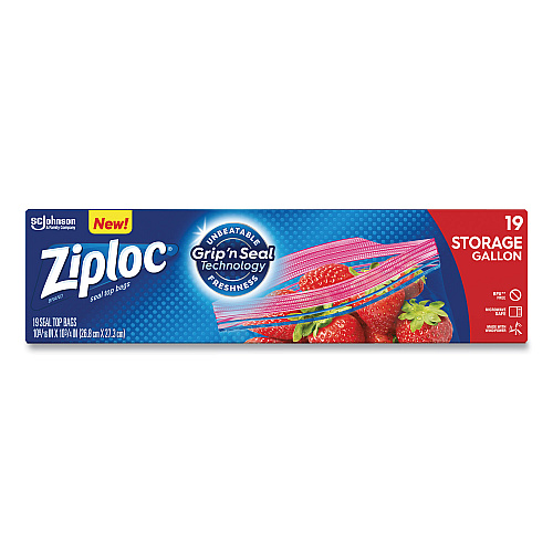 Ziploc Double Zipper Storage Bags, Triple System Seal, Gallon, 9.6" x 12.1", Clear, 19 Bags/Box, 12 Boxes/Carton (314467)