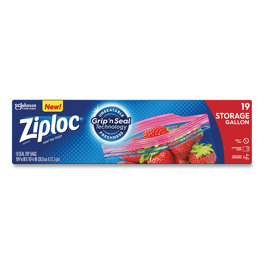 Ziploc Double Zipper Storage Bags, Triple System Seal, Gallon, 9.6" x 12.1", Clear, 19 Bags/Box, 12 Boxes/Carton (314467)