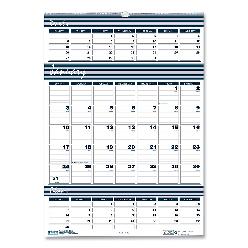 House of Doolittle Bar Harbor Recycled Wirebound 3-Months-per-Page Wall Calendar, 12 x 17, White/Blue/Gray, 14-Month: Dec 2025 to Jan 2027 (342)