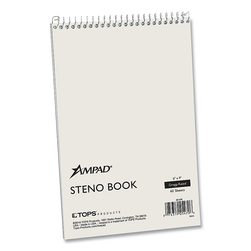 Ampad Steno Pads, Gregg Rule, White Cover, 60 Green-Tint 6 x 9 Sheets (25470)