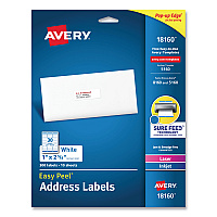 Avery Easy Peel White Address Labels with Sure Feed Technology, Inkjet Printers, 1 x 2.63, White, 30/Sheet, 10 Sheets/Pack (18160)