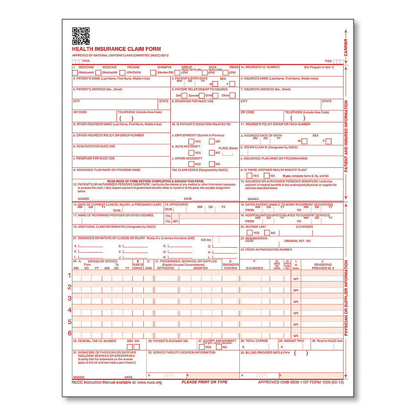 ComplyRight CMS-1500 Health Insurance Claim Form, One-Part (No Copies), 8.5 x 11, 250 Forms Total (CMS12LC250)