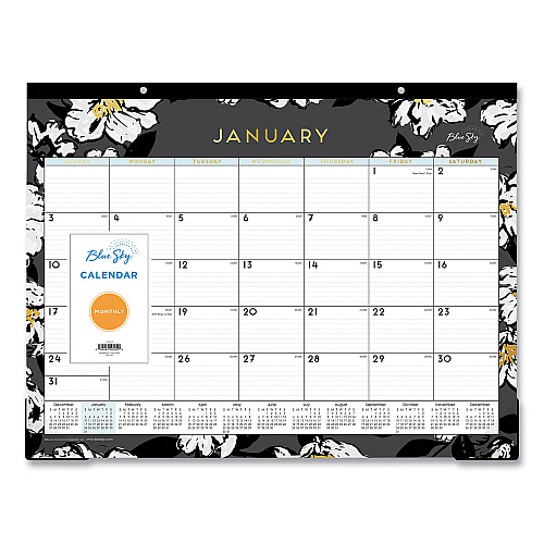 Blue Sky Baccara Dark Desk Pad, Floral Artwork, 22 x 17, White/Black/Gold Sheets, Black Binding, 12-Month (Jan to Dec): 2026 (110215)