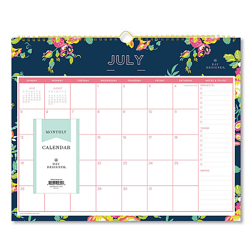 Blue Sky Day Designer Peyton Academic Wall Calendar, Floral Artwork, 15 x 12, White/Navy Sheets, 12-Month (July to June): 2025 to 2026 (107934)