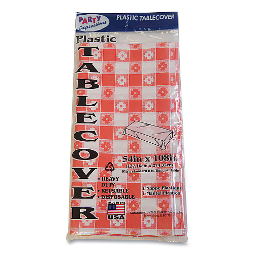 Tablemate Table Set Rectangular Table Covers, Heavyweight Plastic, 54" x 108", Plaid Red/White, 6/Pack (549RDG)