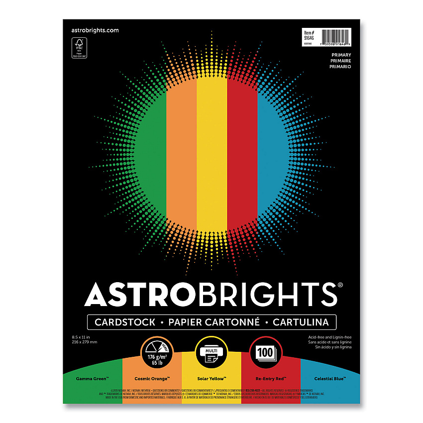 Astrobrights Color Cardstock -"Primary" Assortment, 65 lb Cover Weight, 8.5 x 11, Assorted Primary Colors, 100/Pack (91646)