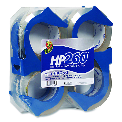 Duck HP260 Packaging Tape with Dispenser, 3" Core, 1.88" x 60 yds, Clear, 4/Pack (0007725)