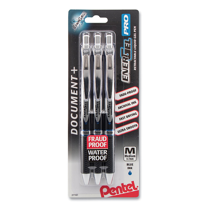 Pentel EnerGel PRO Hybrid Gel Pen, Retractable, Medium 0.7 mm, Blue Ink, Black Barrel, 3/Pack (BLP77BP3C)