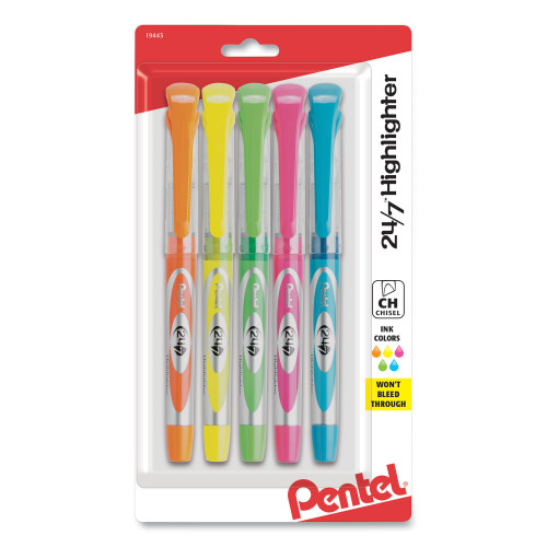 Pentel 24/7 Highlighters, Chisel Tip, Assorted Colors, 5/Set (SL12BP5M)