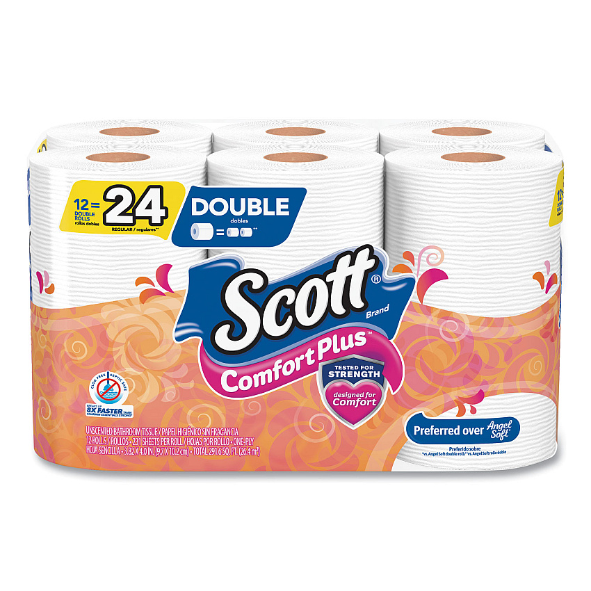 Scott&reg; ComfortPlus Toilet Paper, 1-Ply, White, 231 Sheets, 48 Rolls (47618)