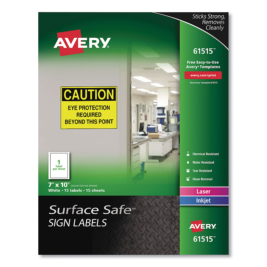 Avery Surface Safe Removable Label Safety Signs, Inkjet/Laser Printers, 7 x 10, White, 15/Pack 7" Width x 10" Length - Removable Adhesive - Rectangle - Laser, Inkjet - White - Film - Water Resistant - 1 / Sheet - 15 Total Sheets - 15 / Pack (61515)