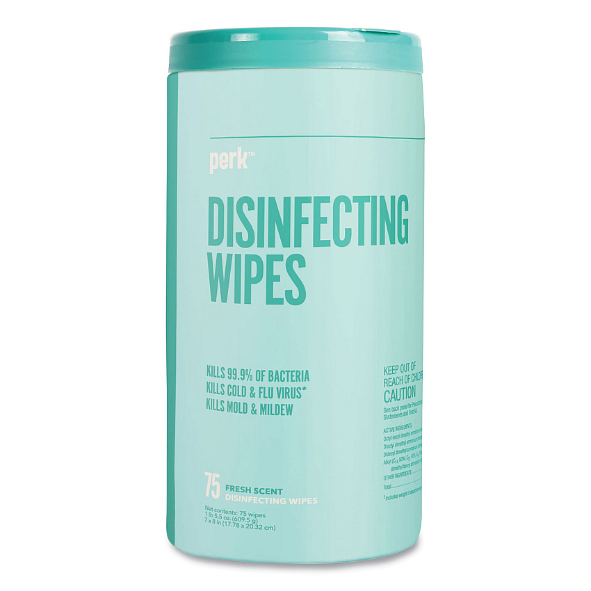 Perk Disinfecting Wipes, 7 x 8, Fresh, White, 75 Wipes/Canister (24411130)
