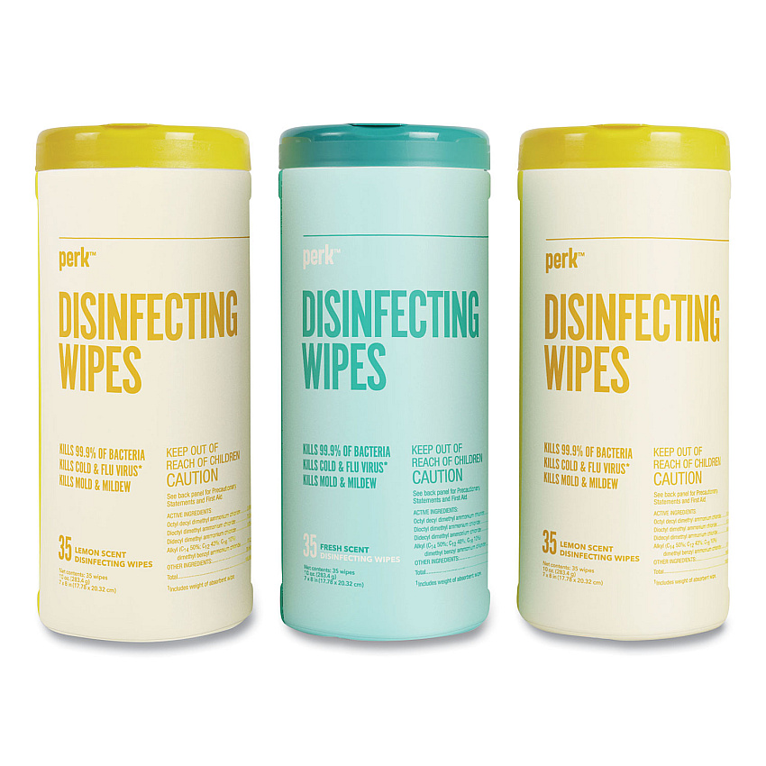 Perk Disinfecting Wipes, 7 x 8, Fresh/Lemon, White, 35 Wipes/Canister, 3 Canisters/Pack (24411132)