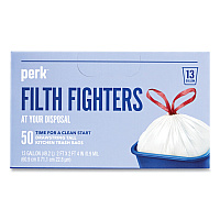 Perk Drawstring Tall Kitchen Trash Bags, 13 gal, 28" x 24", White, 50/Box (24377875)