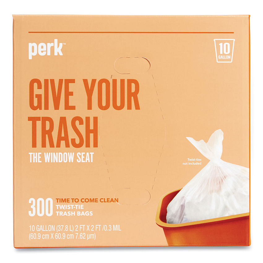 Perk Twist-Tie Light-Duty Can Liners, 10 gal, 0.36 mil, 24" x 24", Clear, Flat Pack, 300/Box (24377878)
