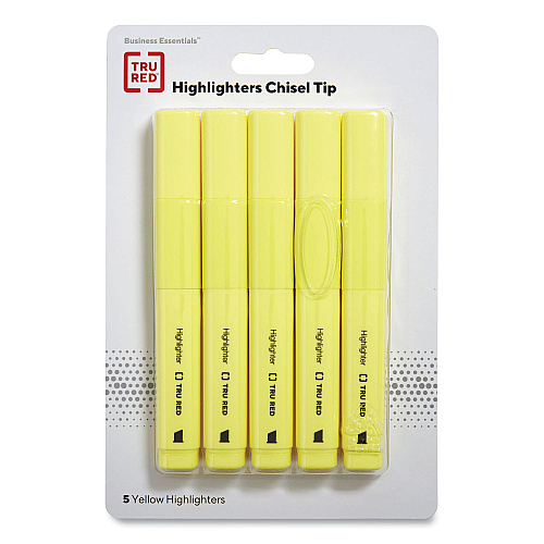 TRU RED Tank Style Chisel Tip Highlighter, Yellow Ink, Chisel Tip, Yellow Barrel, 5/Pack (24376623)