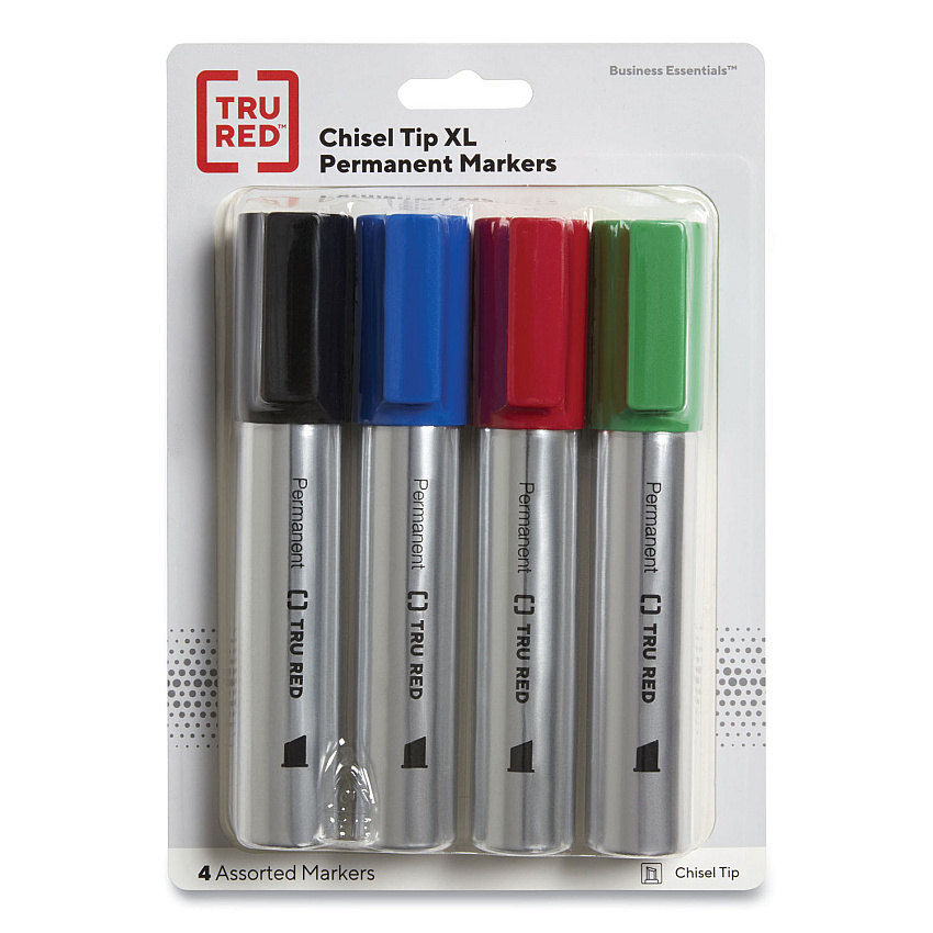 TRU RED XL Permanent Marker, Extra-Broad Chisel Tip, Assorted Colors, 4/Pack (24398949)