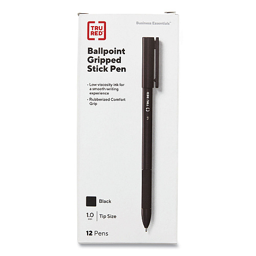 TRU RED Gripped Ballpoint Pen, Stick, Medium 1 mm, Black Ink, Black Barrel, Dozen (24328148)