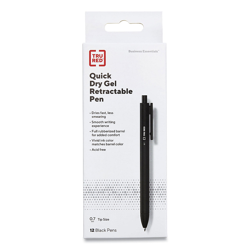 TRU RED Quick Dry Gel Pen, Retractable, Medium 0.7 mm, Black Ink, Black Barrel, Dozen (24377026)