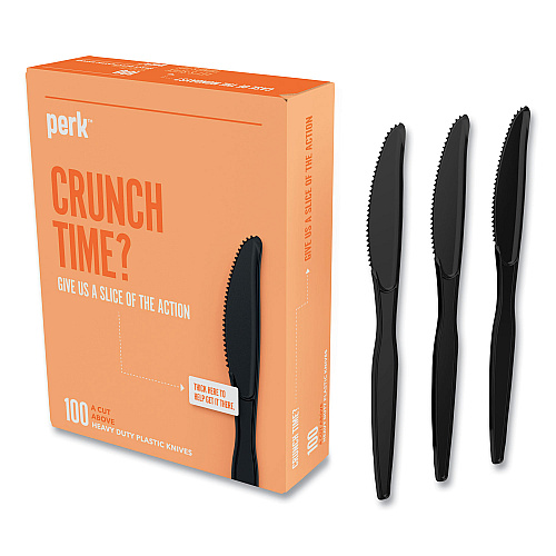 Perk Heavyweight Plastic Cutlery, Knives, Black, 100/Pack (24390997)