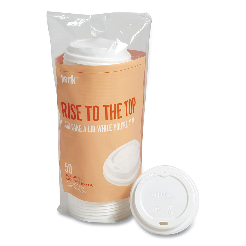 Perk Plastic Hot Cup Lids, Fits 10 oz, 12 oz, 16 oz Cups, White, 50/Pack (24404337)