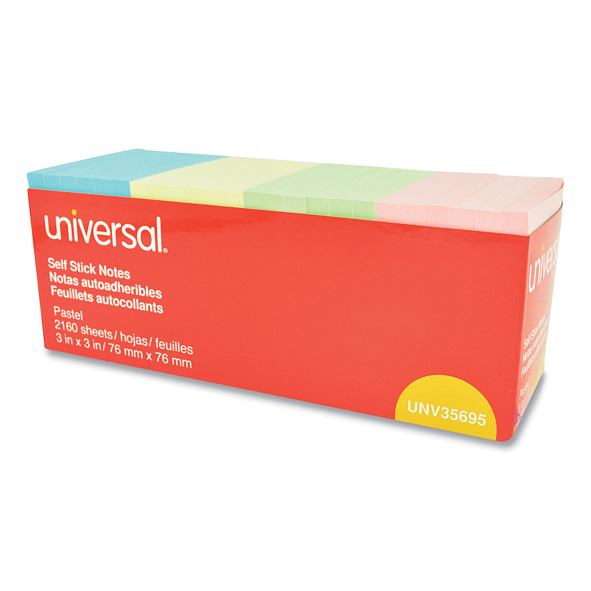 Universal Self-Stick Note Pad Cabinet Pack, 3" x 3", Assorted Pastel Colors, 90 Sheets/Pad, 24 Pads/Pack (UNV35695)