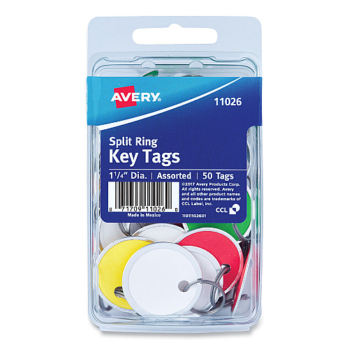 Avery Key Tags with Split Ring, 1.25" dia, Assorted Colors, 50/Pack (11026)