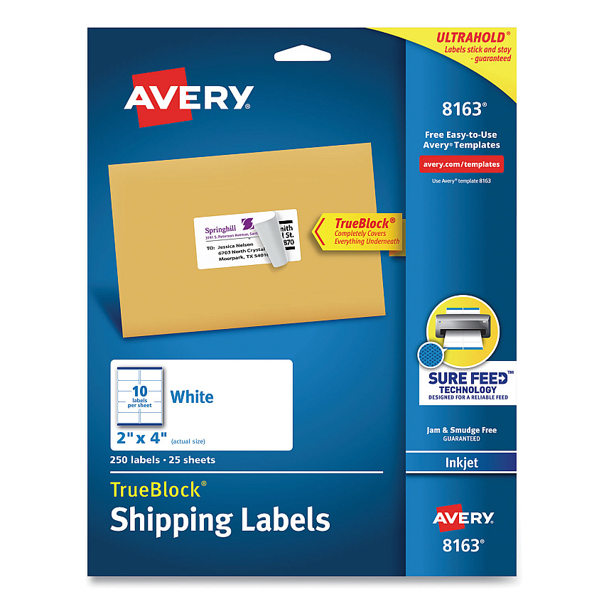 Avery Shipping Labels w/ TrueBlock Technology, Inkjet Printers, 2 x 4, White, 10/Sheet, 25 Sheets/Pack (8163)
