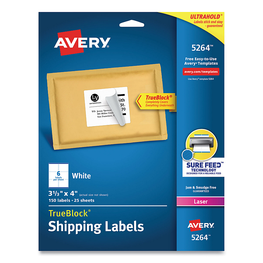 Avery Shipping Labels w/ TrueBlock Technology, Laser Printers, 3.33 x 4, White, 6/Sheet, 25 Sheets/Pack (5264)