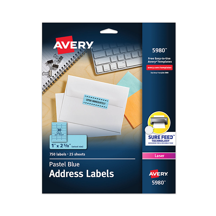Avery High-Visibility Permanent Laser ID Labels, 1 x 2.63, Pastel Blue, 750/Pack (5980)