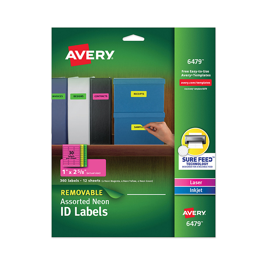 Avery High-Vis Removable Laser/Inkjet ID Labels w/ Sure Feed, 1 x 2.63, Neon, 360/PK (6479)