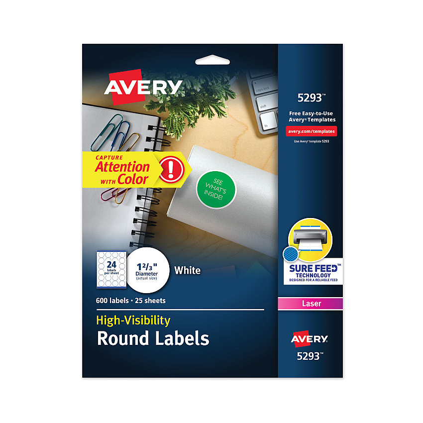 Avery Permanent Laser Print-to-the-Edge ID Labels w/SureFeed, 1.66" dia, White, 600/PK (5293)