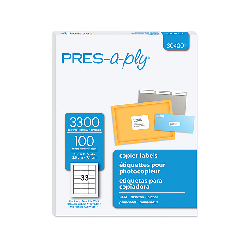PRES-a-ply White Copier Labels, Copiers, 1 x 2.81, White, 33/Sheet, 100 Sheets/Box (30400)