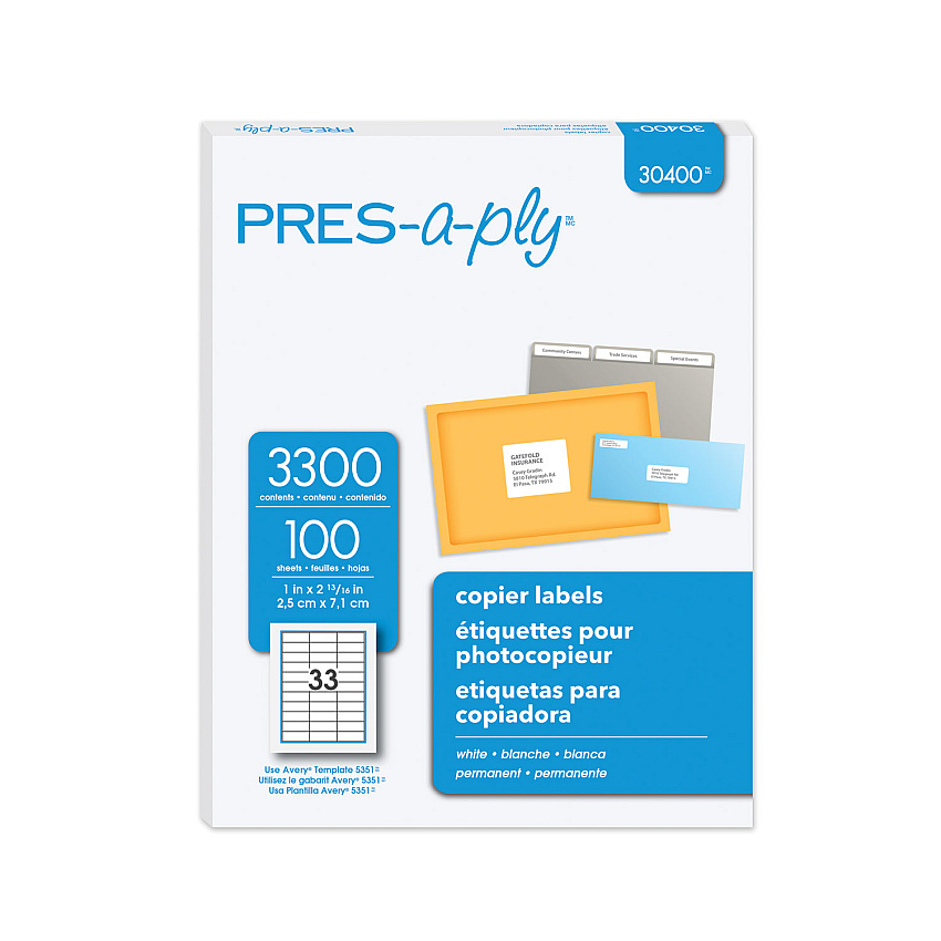 PRES-a-ply White Copier Labels, Copiers, 1 x 2.81, White, 33/Sheet, 100 Sheets/Box (30400)