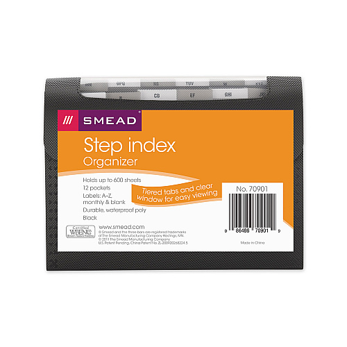 Smead Step Index Organizer, 12 Sections, Cord/Hook Closure, 1/6-Cut Tabs, Letter Size, Black (70901)