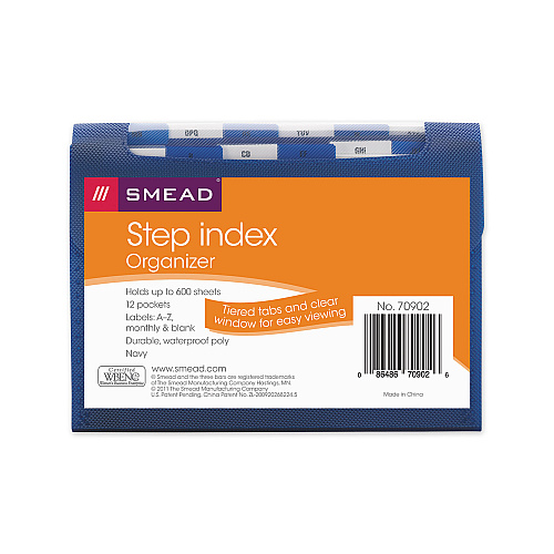 Smead Step Index Organizer, 12 Sections, Cord/Hook Closure, 1/6-Cut Tabs, Letter Size, Navy (70902)