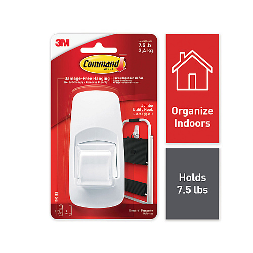 Command General Purpose Hooks, Jumbo, Plastic, White, 7.5 lb Capacity, White, 1 Hook and 4 Strips (70005150993)