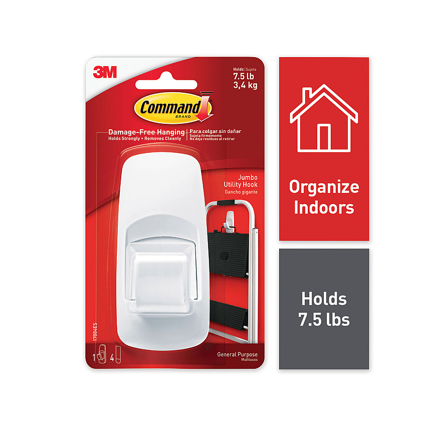 Command General Purpose Hooks, Jumbo, Plastic, White, 7.5 lb Capacity, White, 1 Hook and 4 Strips (70005150993)
