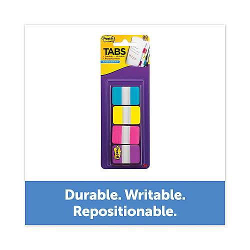 Post-it 1" Wide Tabs with Dispenser, Aqua, Pink, Violet, Yellow, 88/Pack (70005179216)