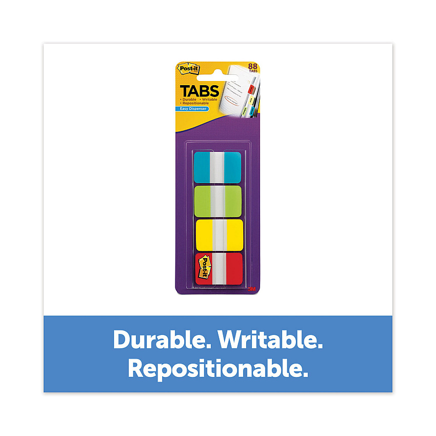 Post-it 1" Wide Tabs with Dispenser, Aqua, Lime, Red, Yellow, 88/Pack (70005179232)
