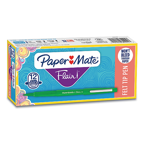 Paper Mate Point Guard Flair Felt Tip Porous Point Pen, Stick, Medium 0.7 mm, Green Ink, Green Barrel, Dozen (8440152)